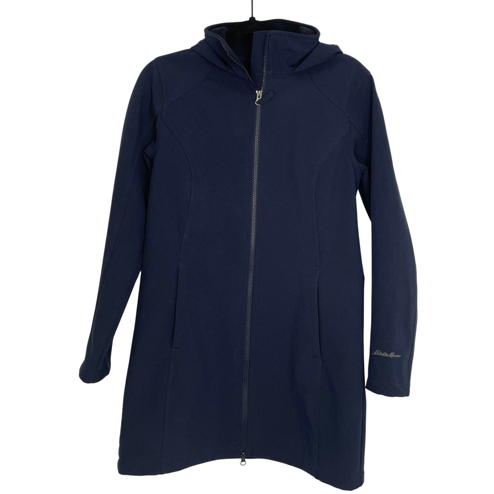 Eddie Bauer Women's Navy Blue Hooded Softshell Trench Coat Jacket Size Small